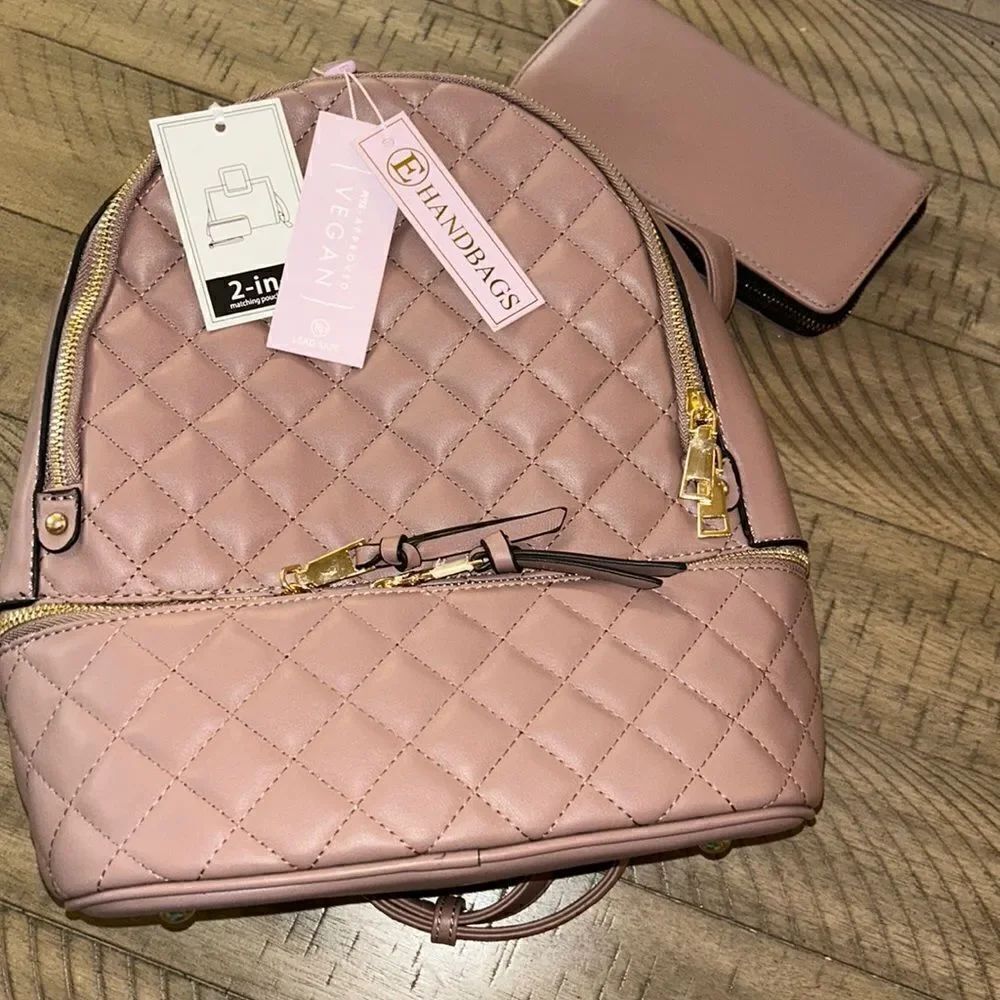 NWT Vegan 🌱 Quilted Backpack 🎒 & Wallet Set Adjustable straps Dusty Rose 🌹